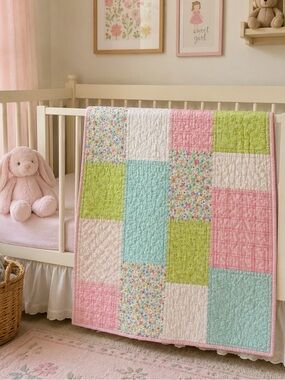Circo Pastel 🌸 Patchwork Baby Quilt Blanket Floral Pink Mint Nursery 38x32 Girl